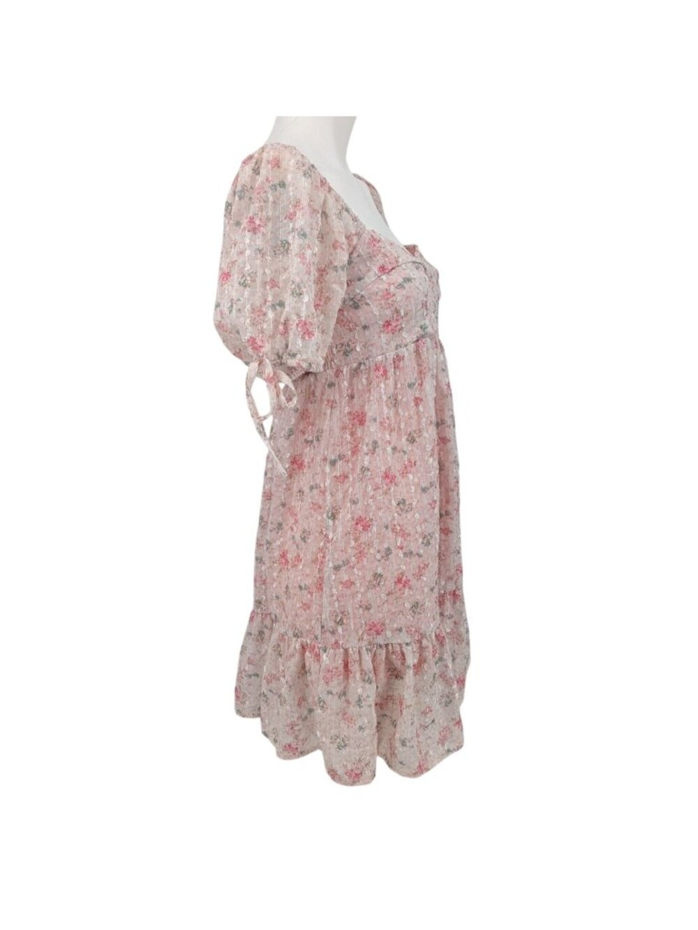 Floral Babydoll Mini Dress Coquette Cottage Fairy Puff Sleeve Y2K Smocked Large - Picture 3 of 9
